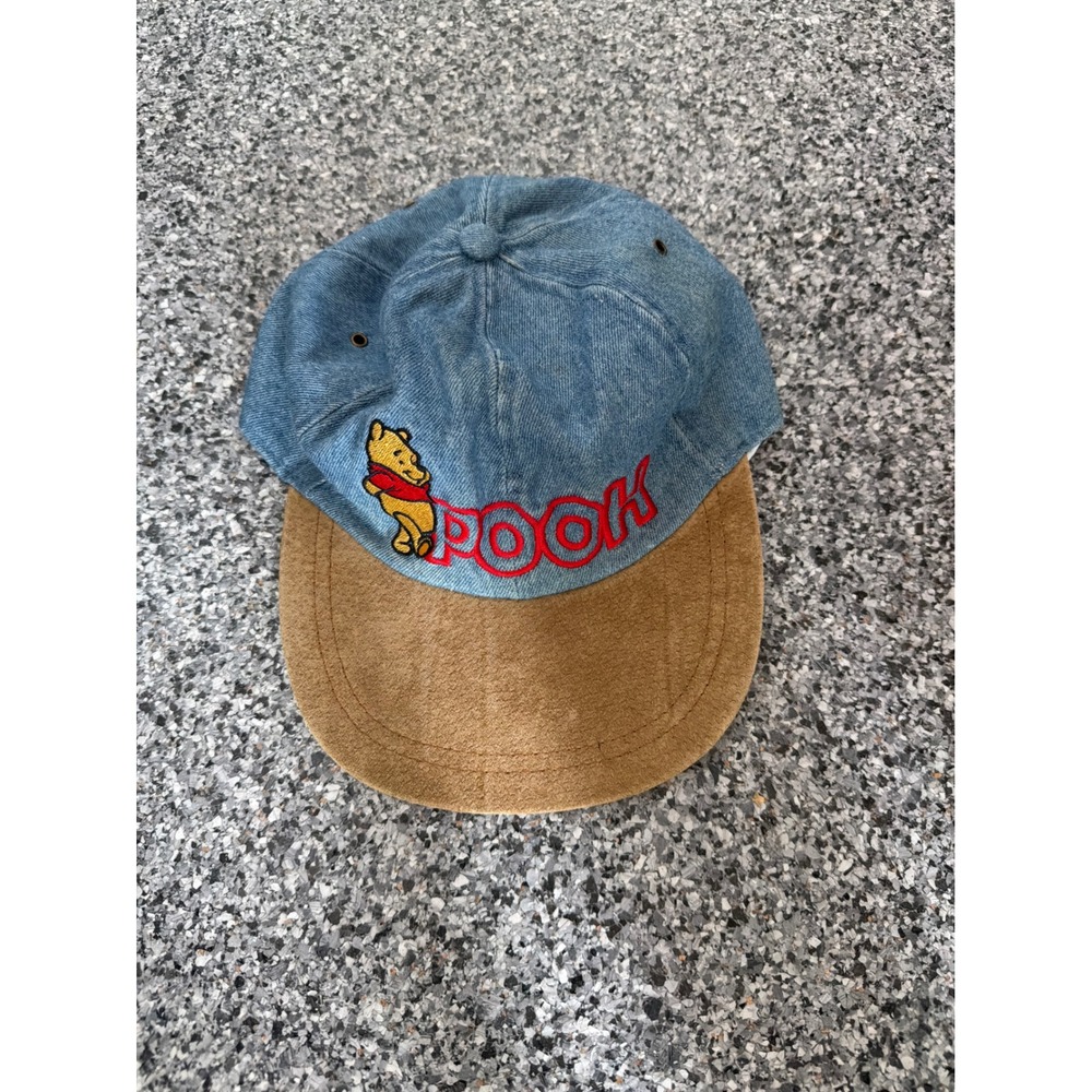 Vintage Disney Pooh Denim Hat Genuine Leather Suede Brim Winnie The Pooh Cap